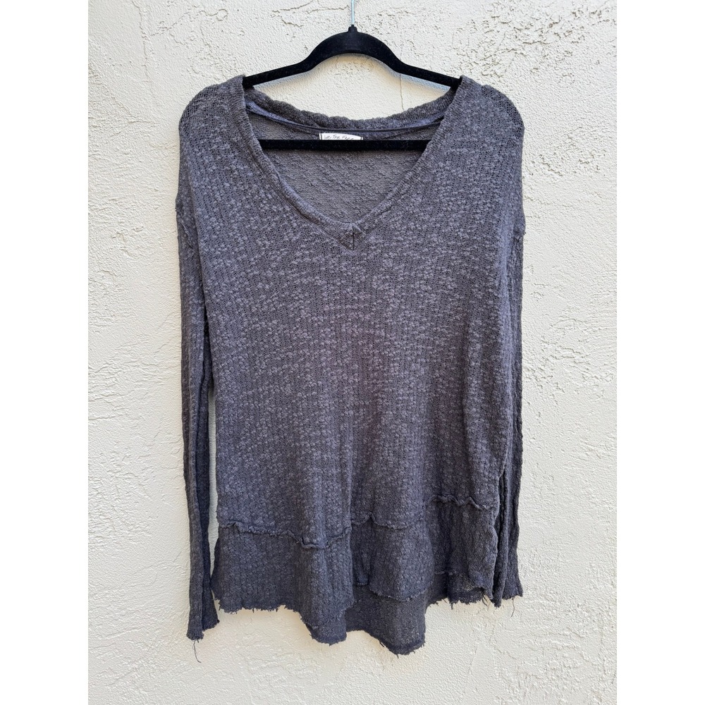 Free People Charcoal Grey V-Neck Tiered Oversized Thermal Top SMALL Boho Grunge